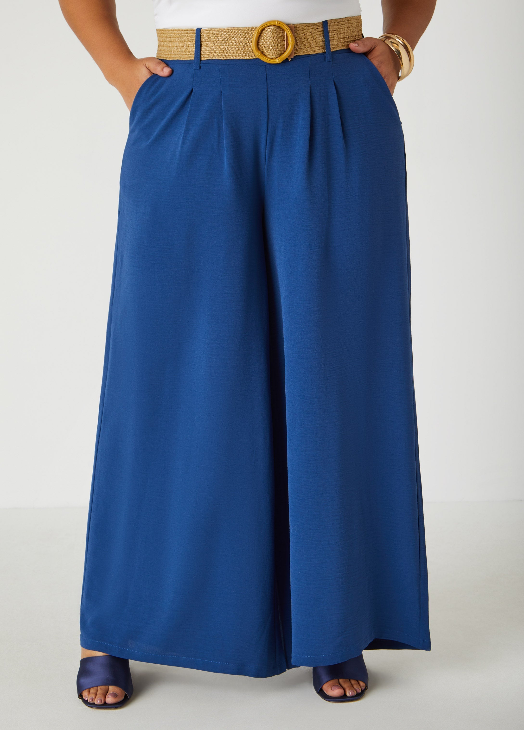 Belted Textured Wide Leg Pants