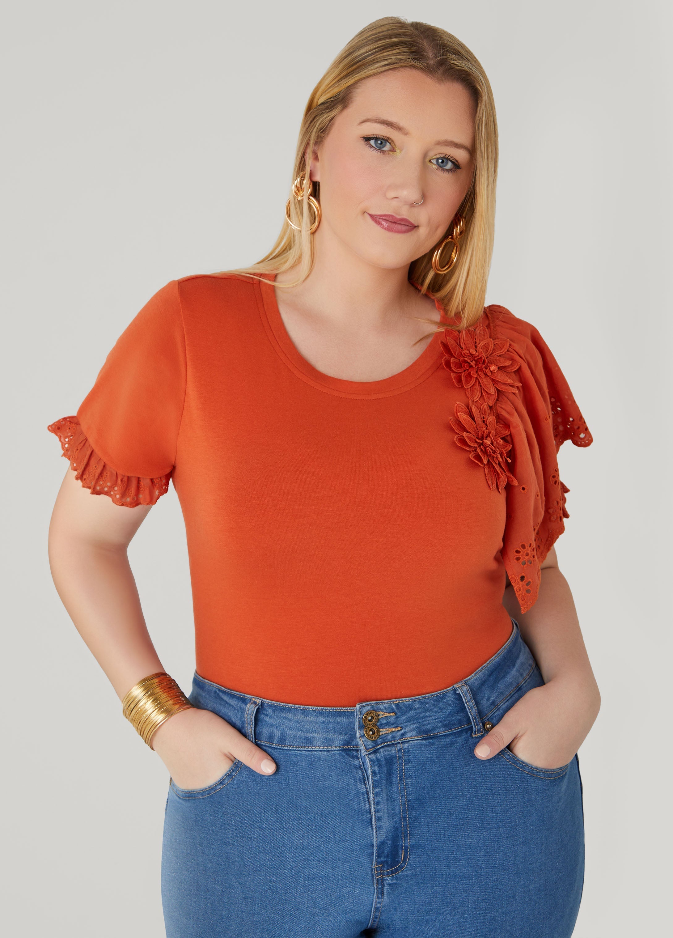Floral Applique Poplin Paneled Tee