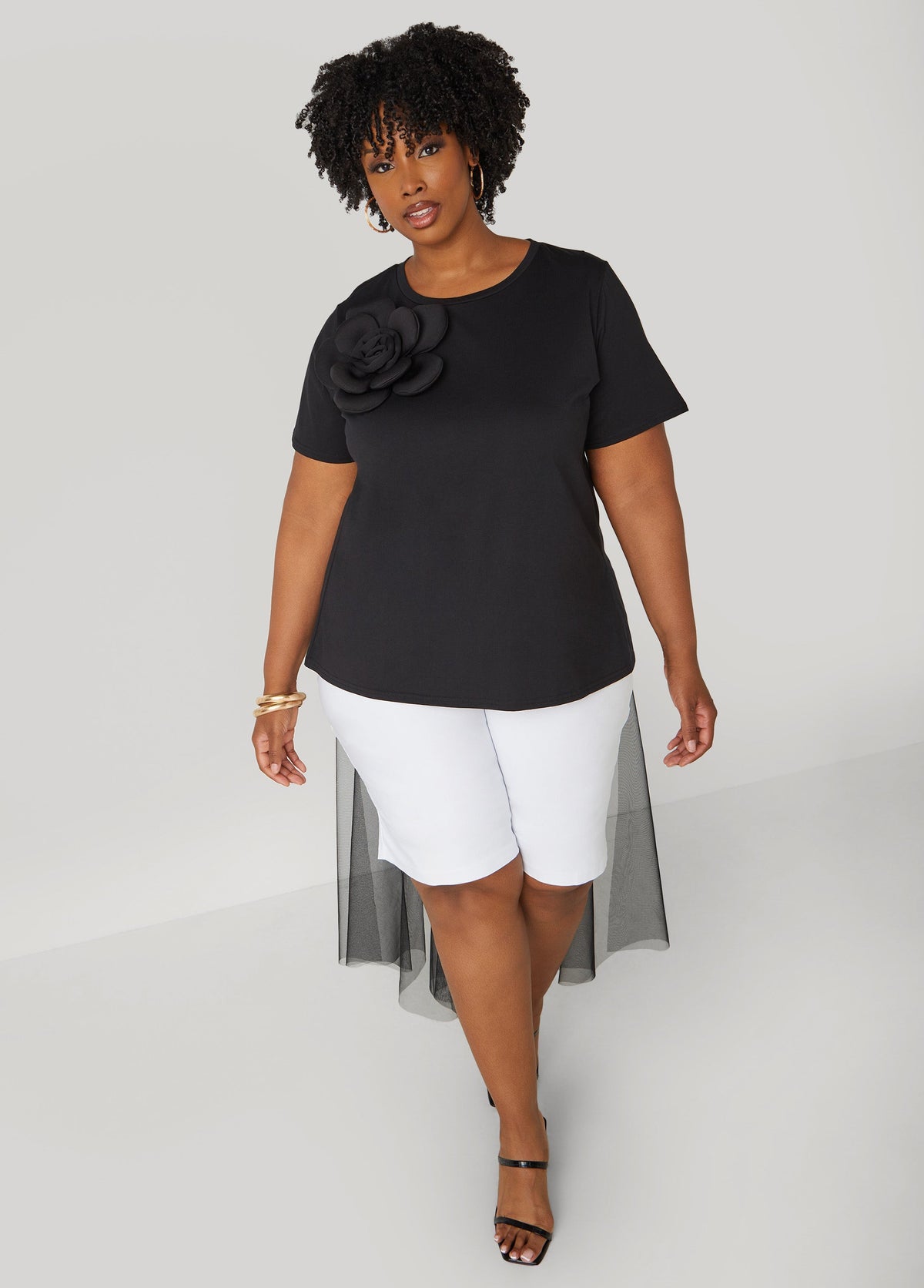 Mesh Paneled Rosette Tee