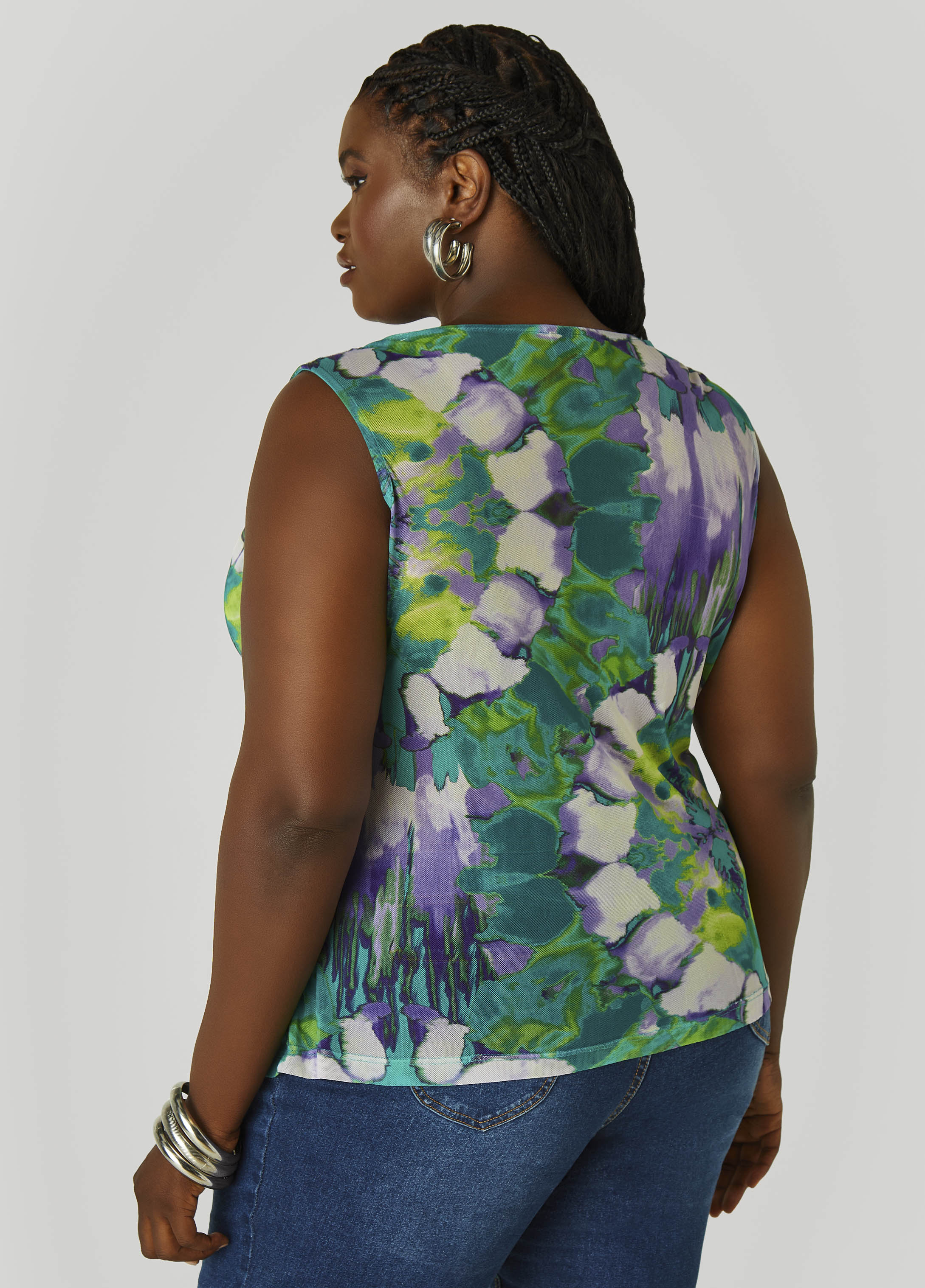 Cowl Neck Printed Mesh Top
