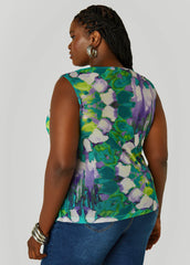Cowl Neck Printed Mesh Top