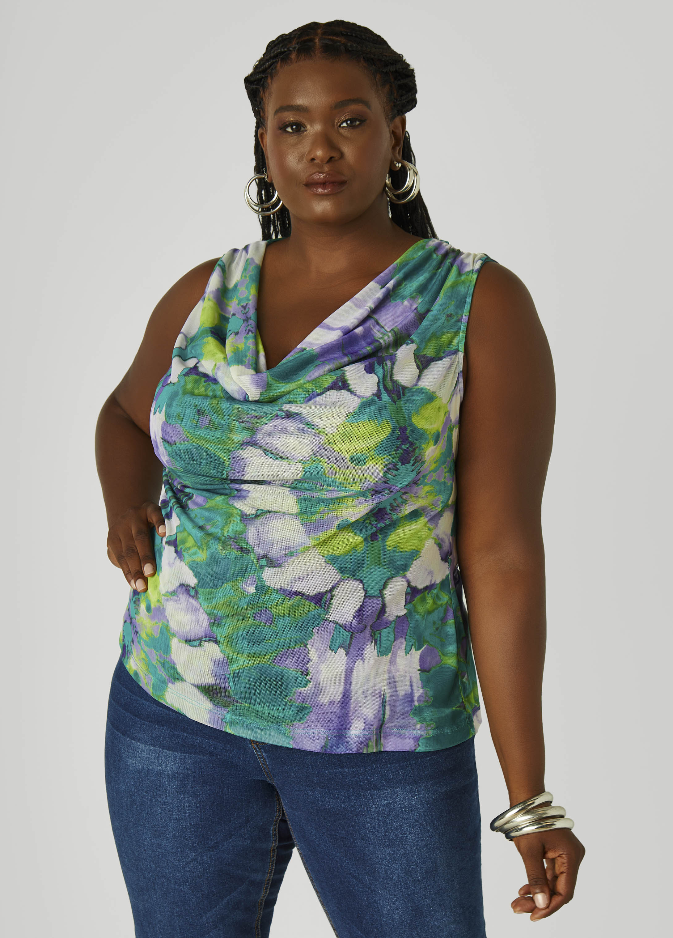 Cowl Neck Printed Mesh Top
