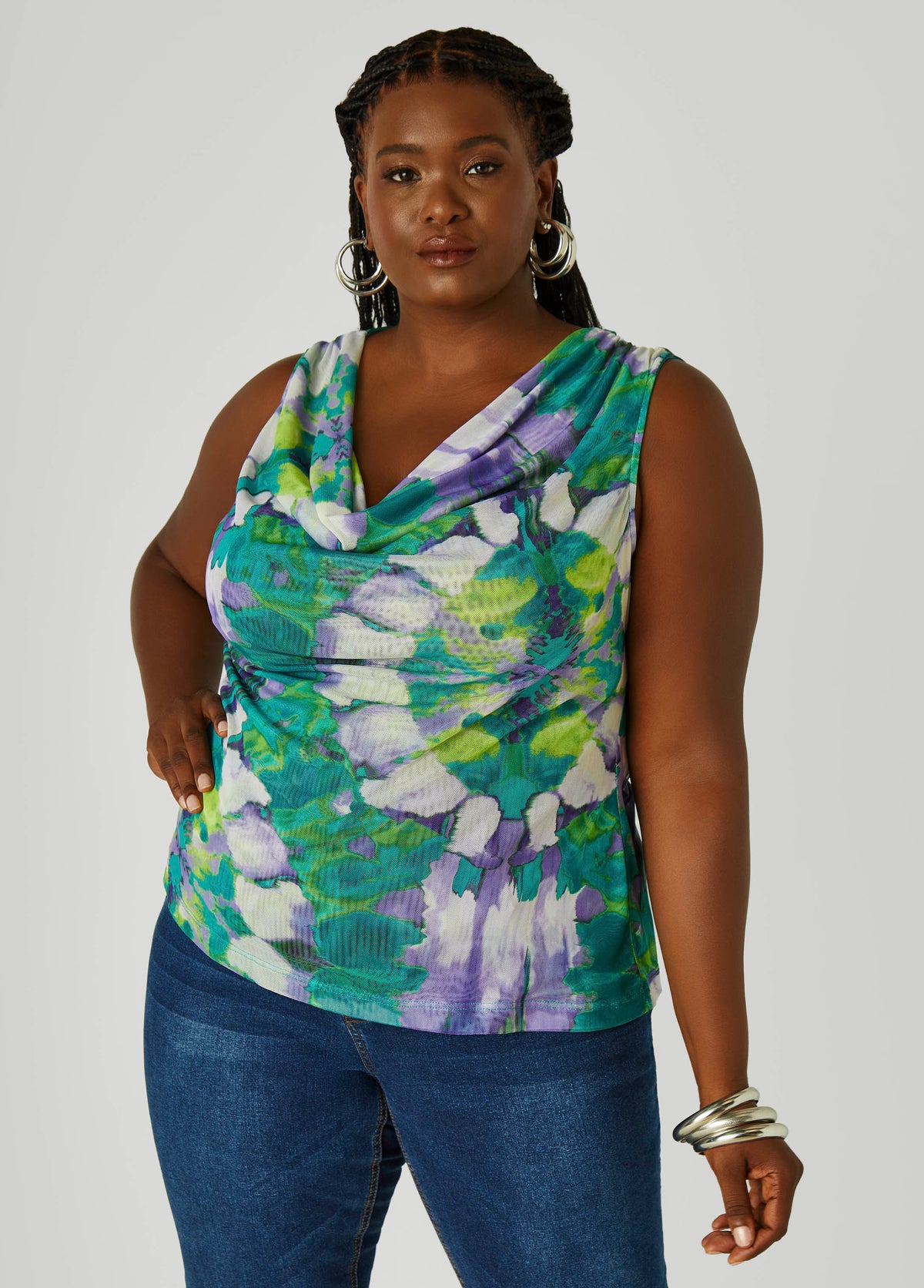 Cowl Neck Printed Mesh Top