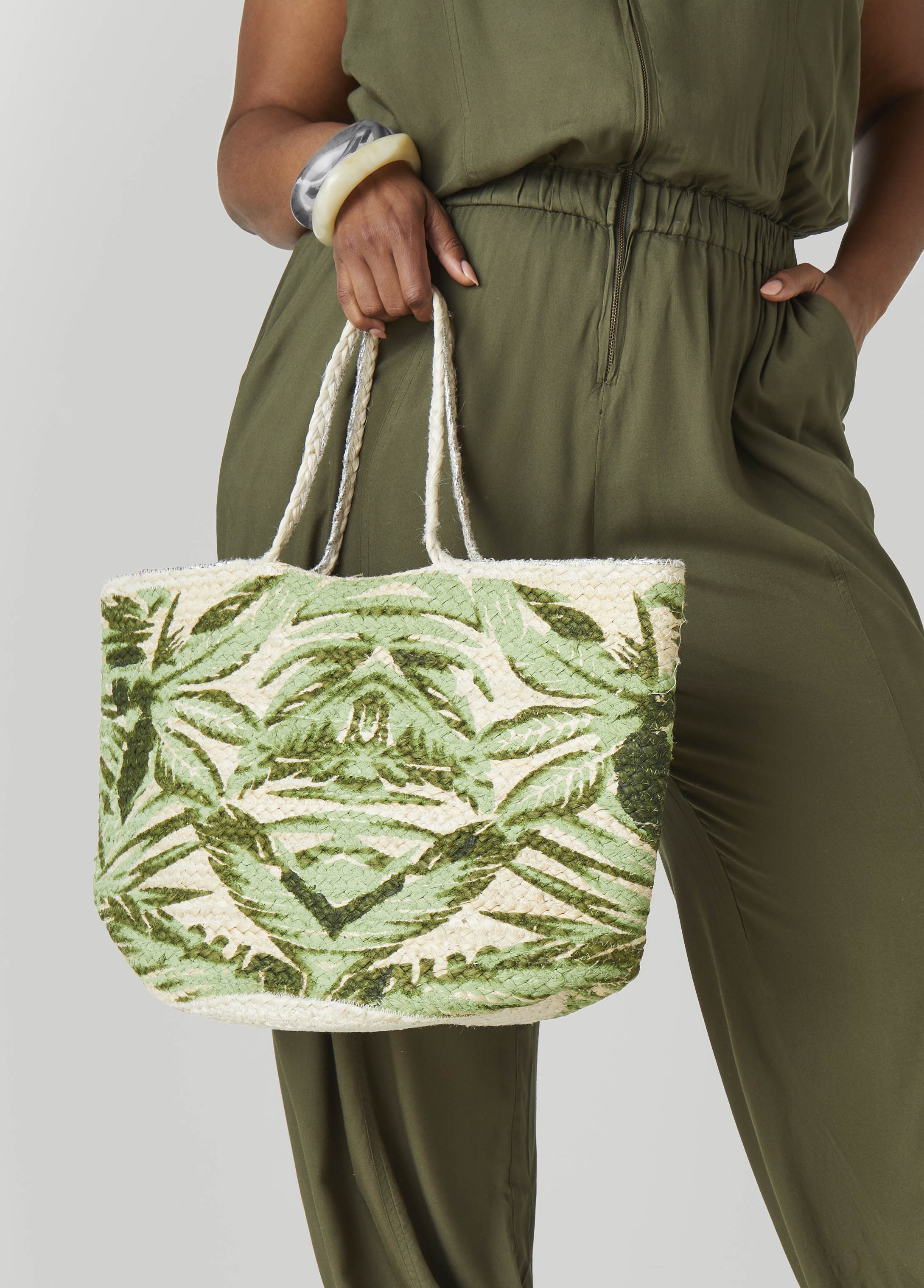 Leaf Print Straw Tote