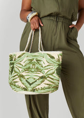 Leaf Print Straw Tote