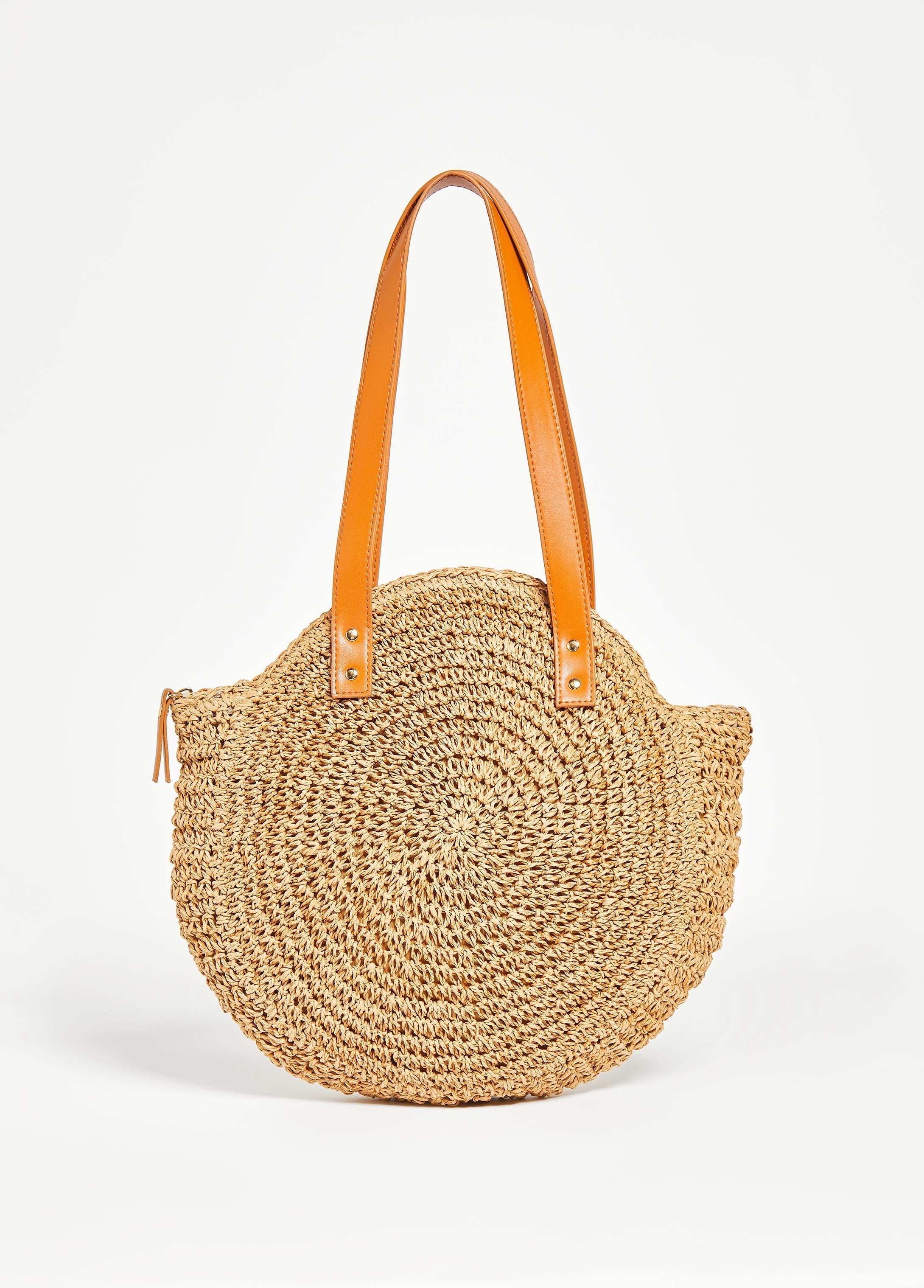 Faux Leather Trimmed Straw Bag
